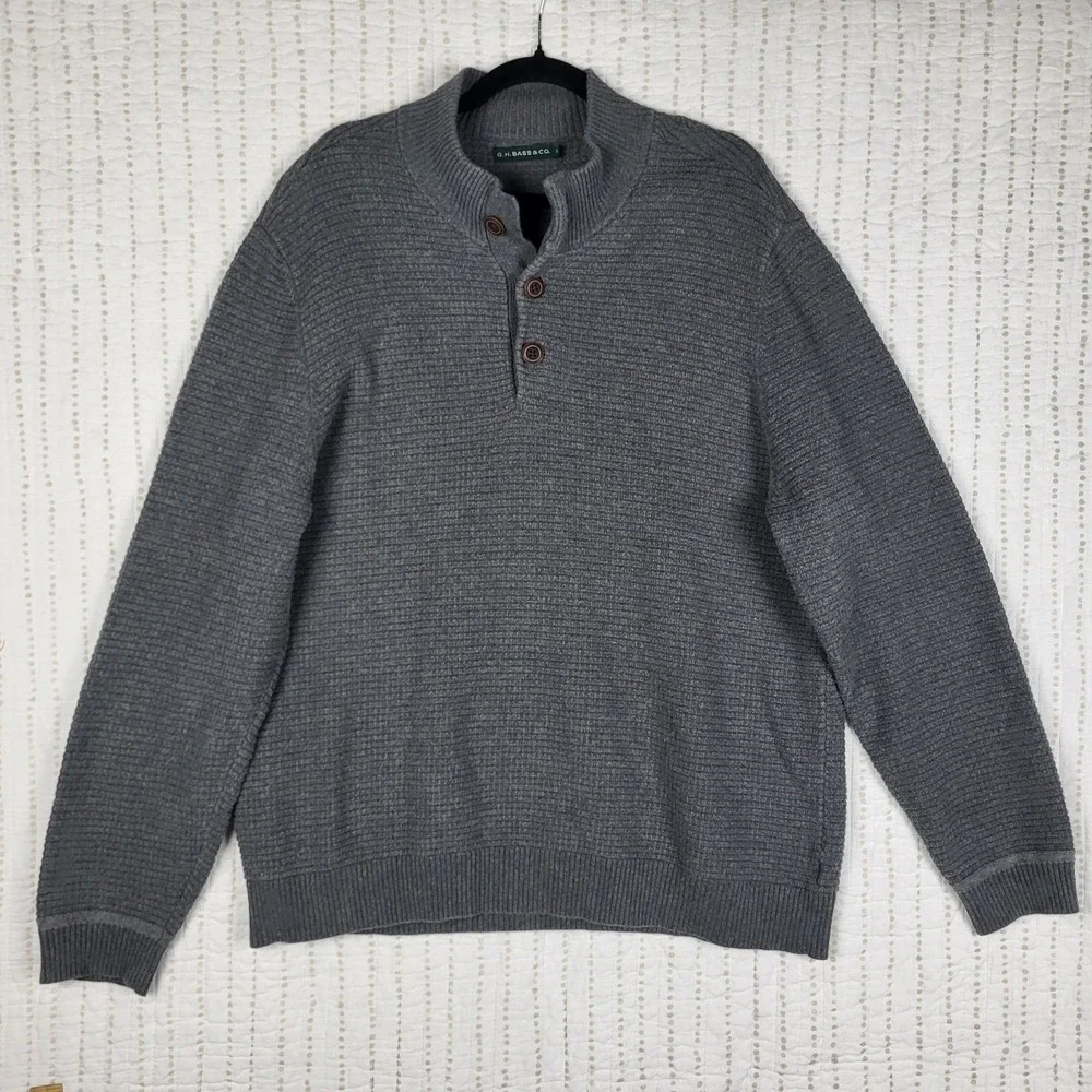 GH Bass Fisherman's Sweater Men's 2XL Gray Waffle Knit 1/4 Button Pullover
